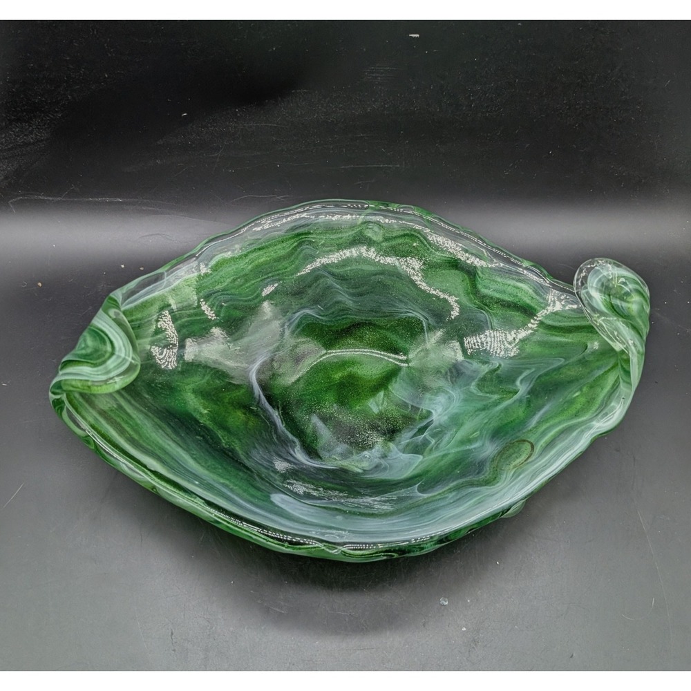 Murano Green White Slag Glass Hand Blown Swirl Bowl Vintage Italian Art Glass